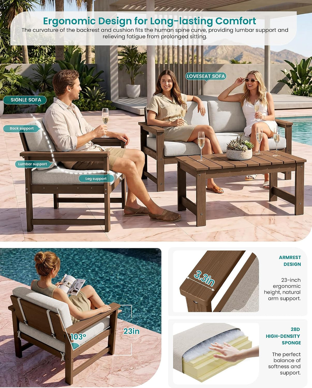 SERWALL 2 Pieces HDPE Cushioned Single Adirondack Armchair Sofa Set