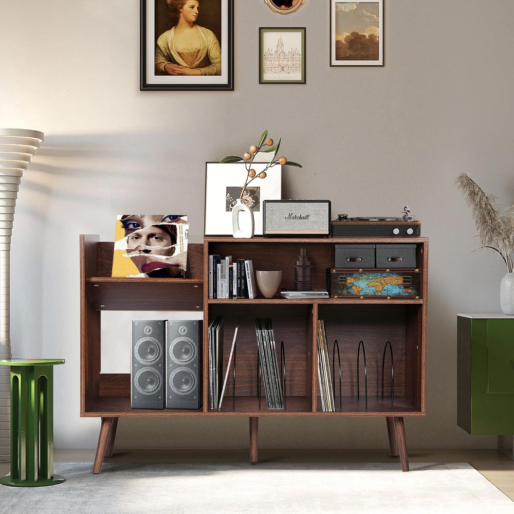 Large Record Player Stand, Mid-Century Vinyl Record Storage Table with Wood L...
