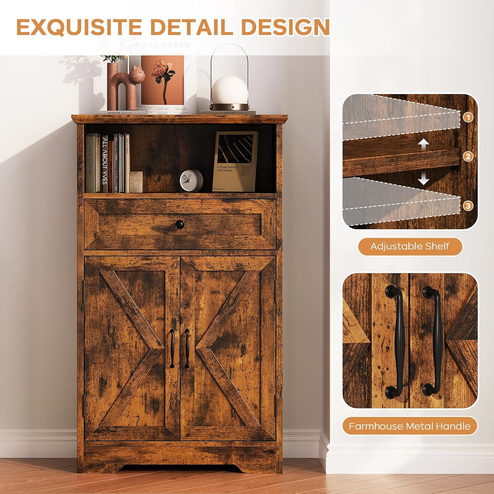 Floor Cabinet, Farmhouse Storage Cabinet with Barn Doors and Drawers
