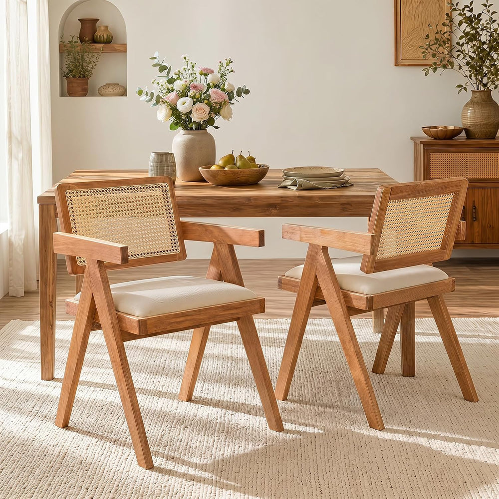 GIANTEX Rattan Dining Chairs Set of 4, Fabric Kitchen Chairs w/Armrests &...