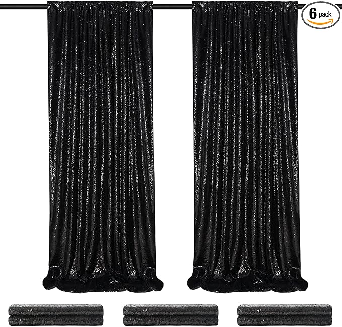 Sequin Backdrop Black Curtain 6 Panels 2ftx8ft Sparkly Party Background Drape...