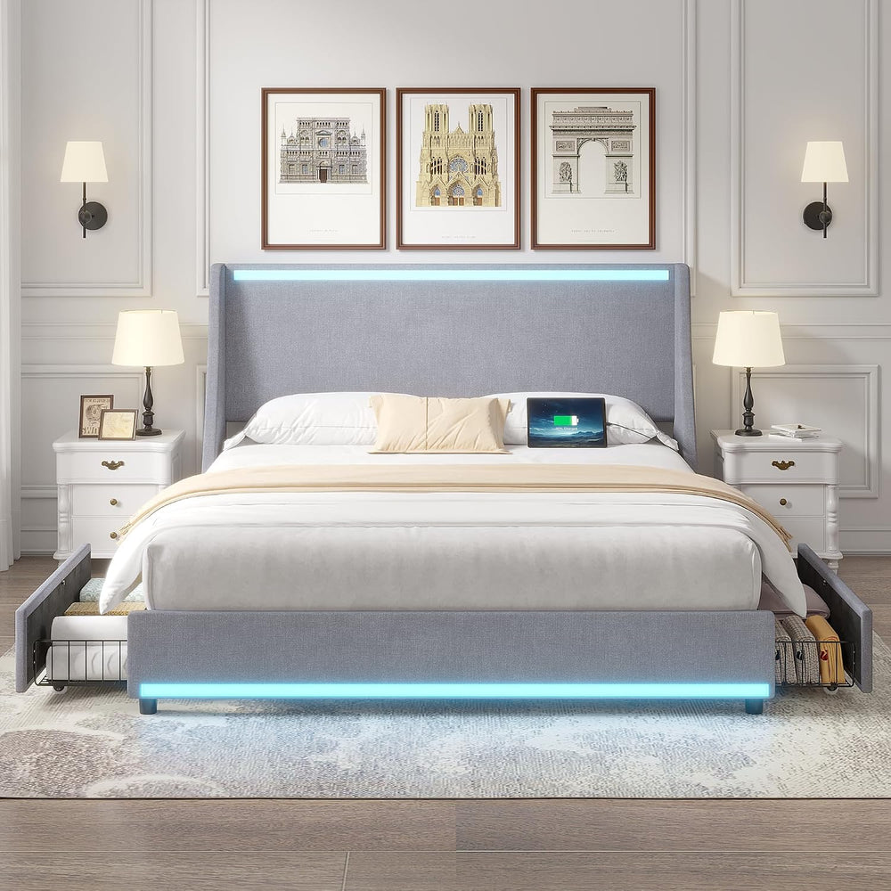 VECELO Full Size Bed Frame with Storage Drawers, Linen Grey