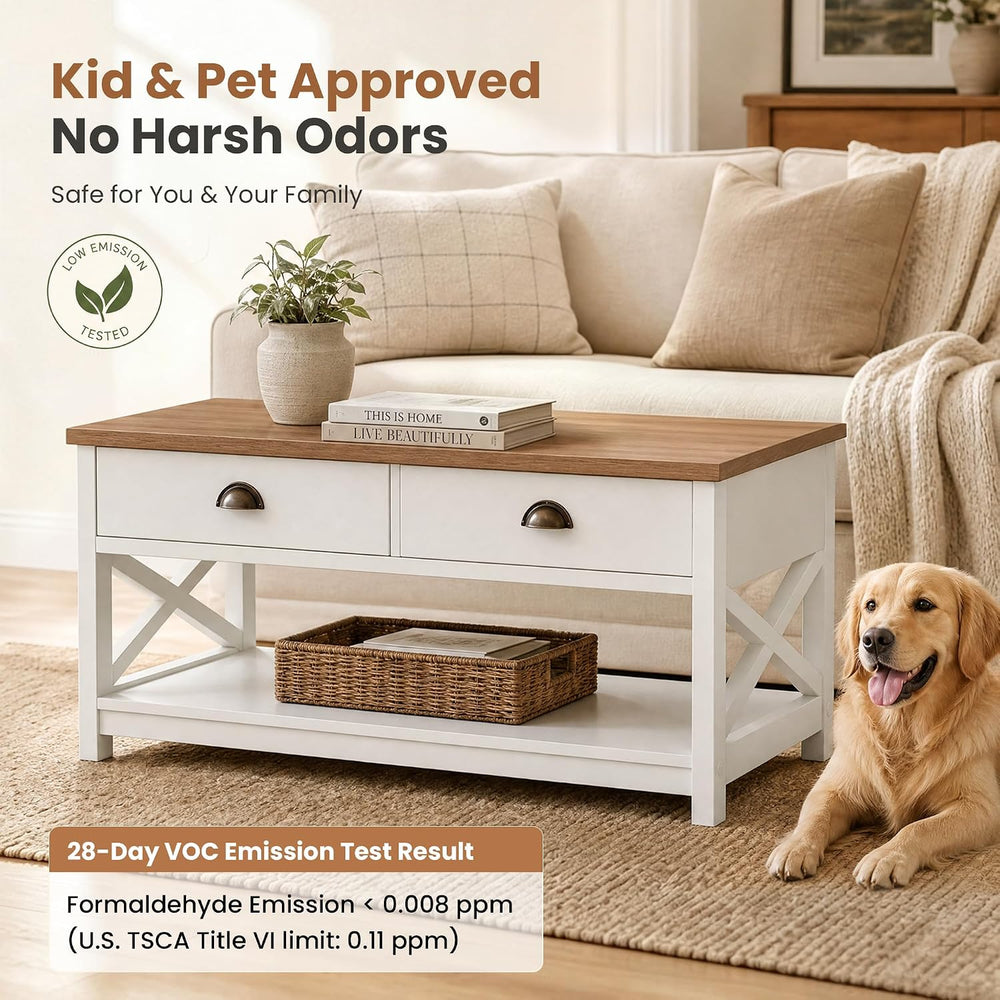 PHI VILLA White Coffee Table with Drawers,2 Tiers Living Room Coffee Table