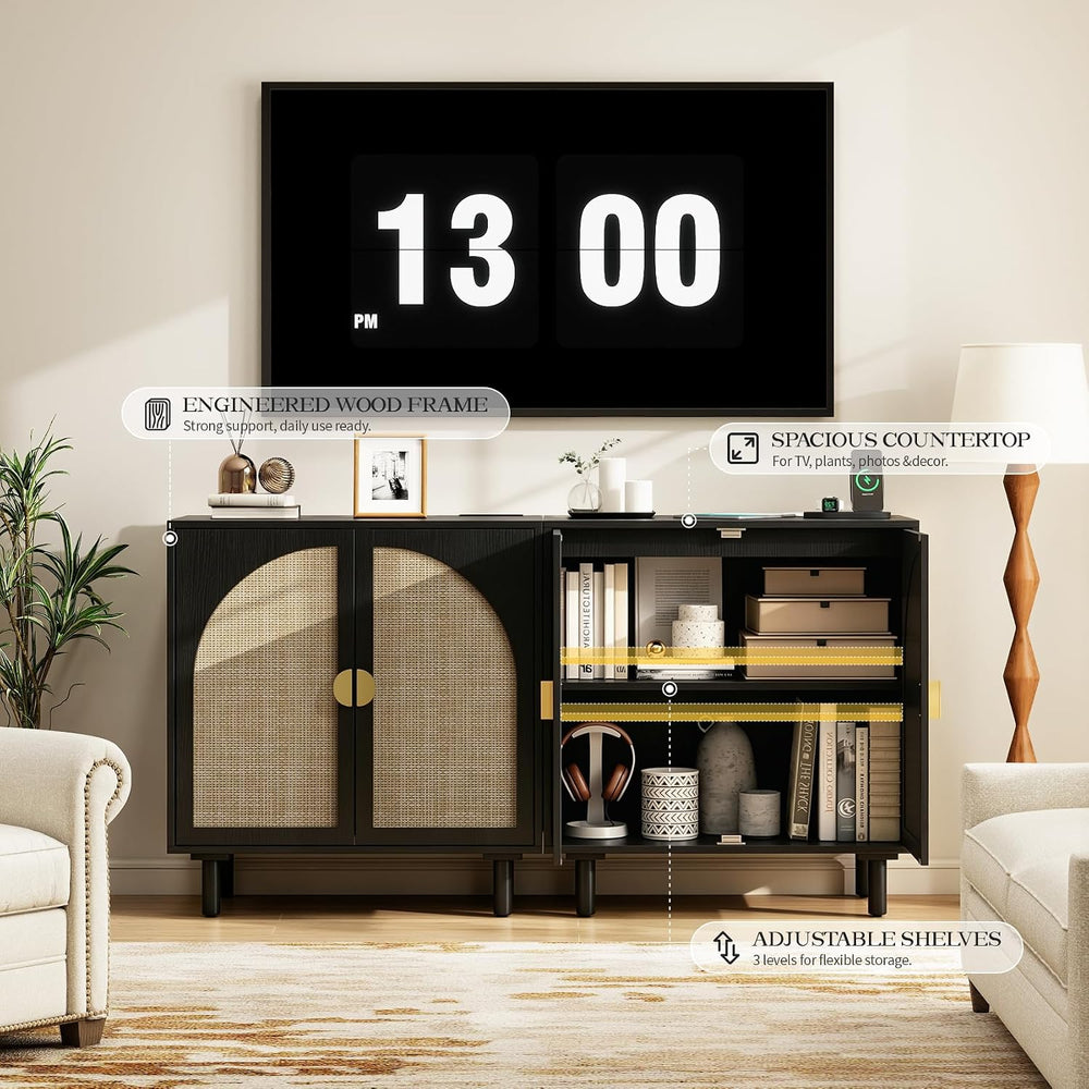 Black Minimalist 2-Door Sideboard with Woven Textured Panels, Black Storage C...