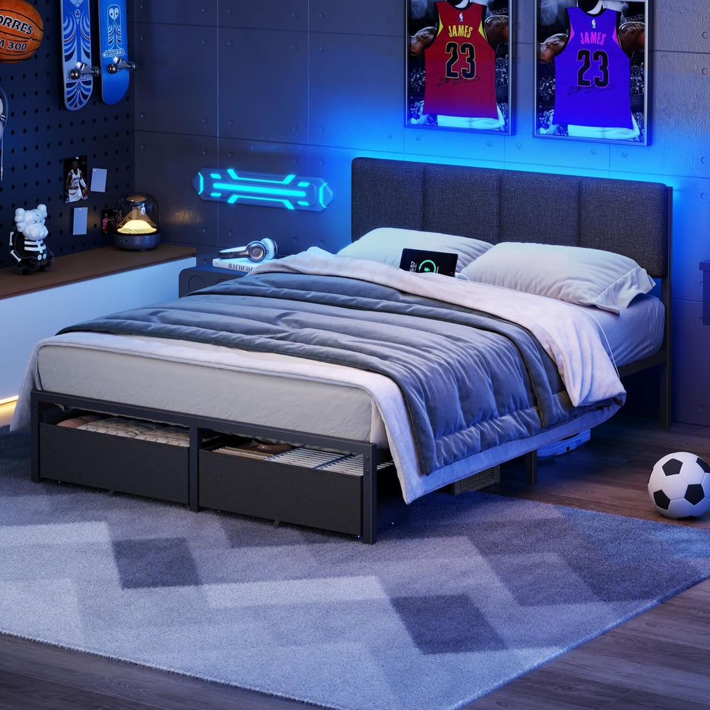 Furnulem Full Size Bed Frame with Upholstered Headboard & 2 Storage Drawers