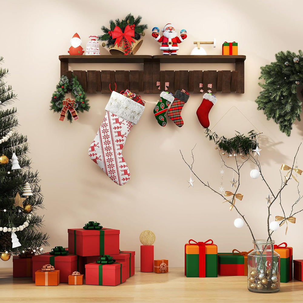 Piano Key Coat Rack Wall Mount with Shelf and 12 Hooks, Walnut HWS008H-2