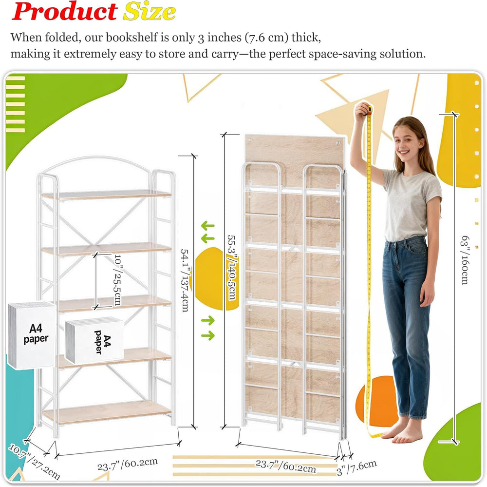 UDD Folding Bookshelf No Assembly, 54.1" H x 23.7" W, 5 Shelf Folda...