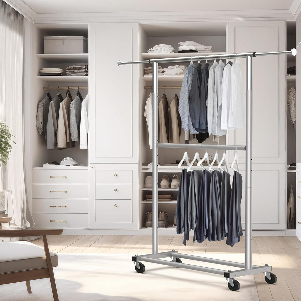 Simple Houseware Double Rod Adjustable Clothing Garment Rack, Grey