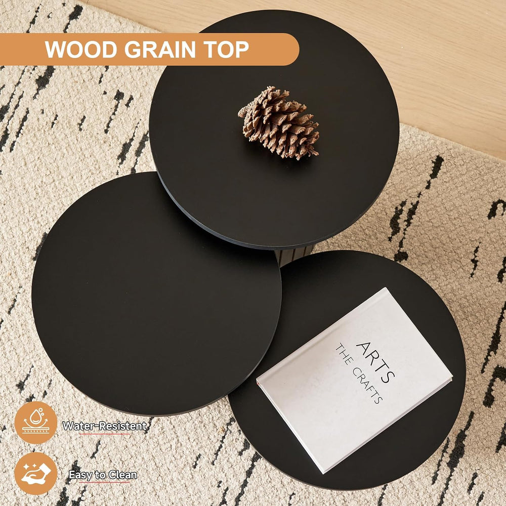 3-Piece Nesting Coffee Table Set Small Round Side Tables, Black