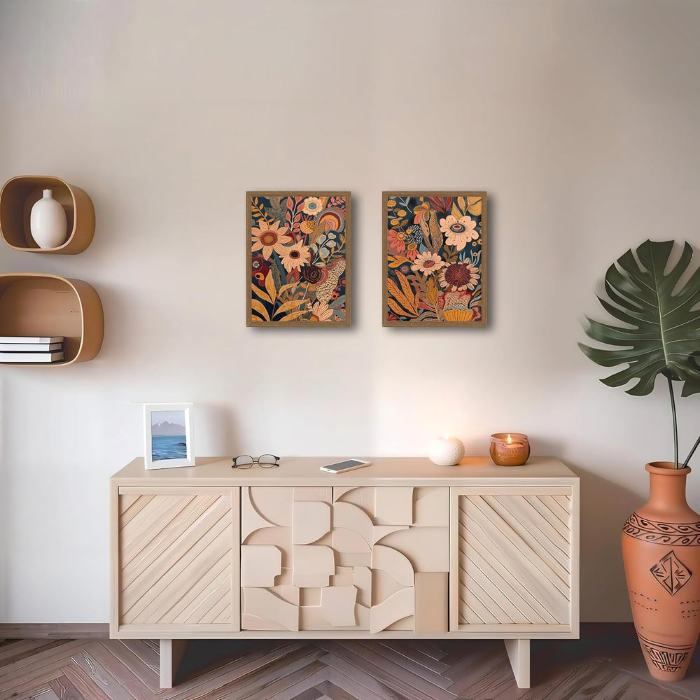 2pcs Orange Flower Framed Canvas Wall Art Set Rural Bohemian Natural Style Ca...