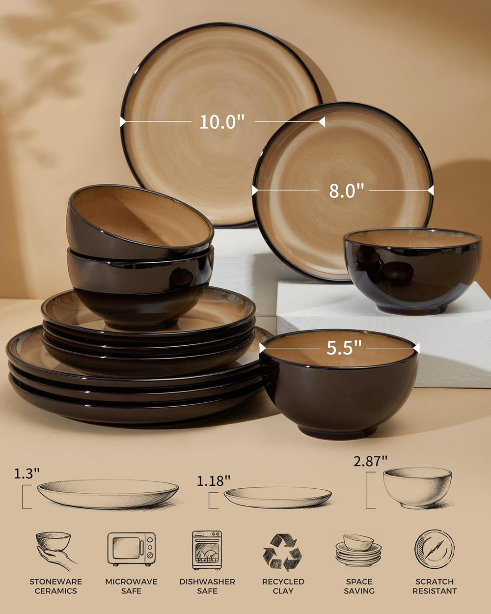 Pokini Stoneware Dinnerware Sets for 4, 12pcs Plates and Bowls Sets Dishes