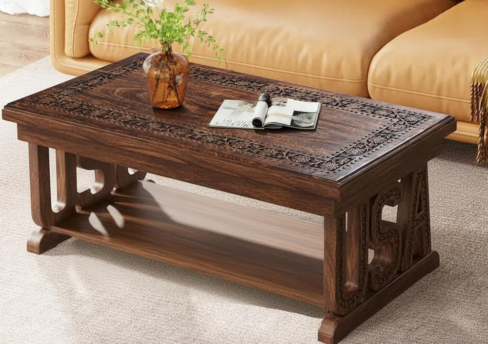 Coffee Table in Solid Wood With Hand Carving 40x20x18"_Burnt Rectangular