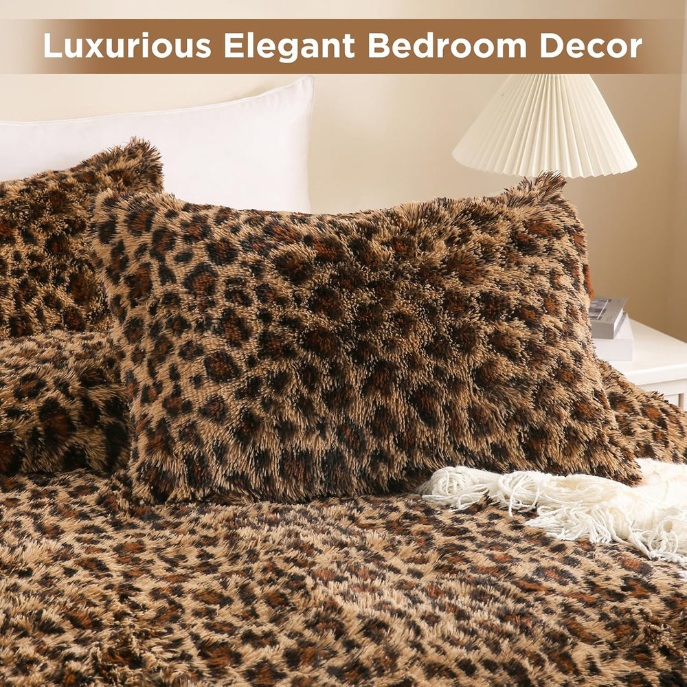 Cheetah Print Fluffy Faux Fur Comforter Set Queen Size, 3 Pieces, Brown