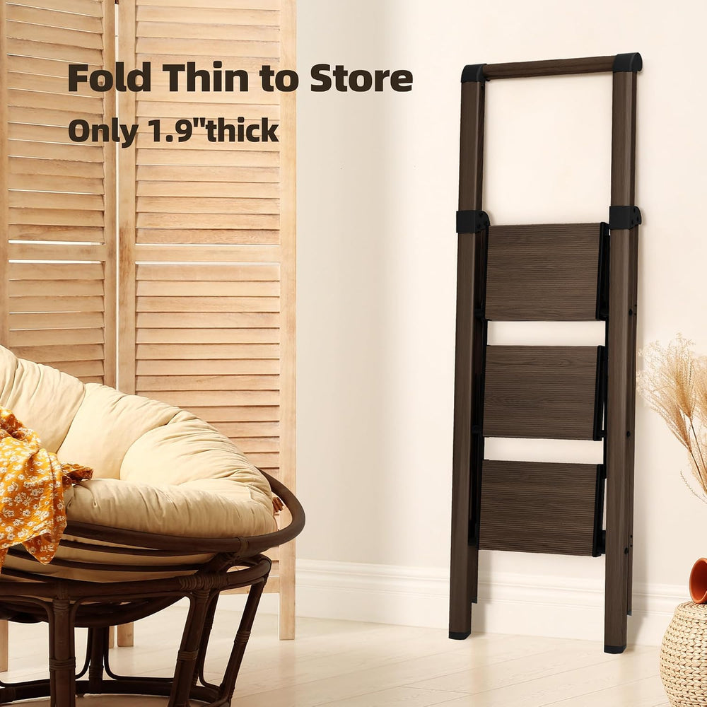 HillhutApex Aluminum 3 Step Ladder, Step Stool Foldable Ladder(Walnut)