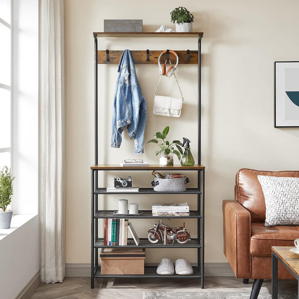 VASAGLE Hall Tree with Shoe Bench, 5-Tier Shoe Rack, 5 Dual Hooks