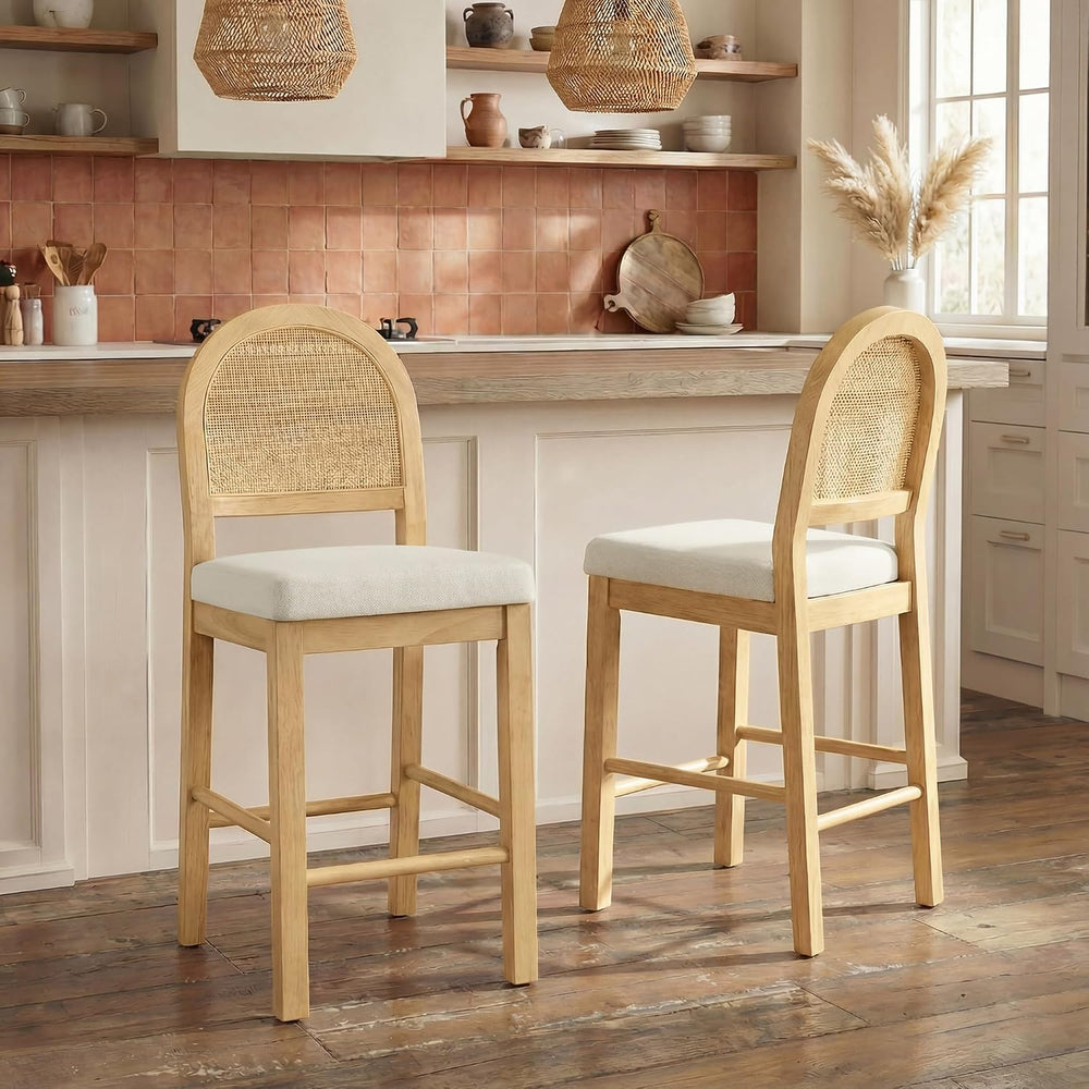 Upholstered Rattan Bar Stools, 26'' Counter Height, Set of 2, Natural