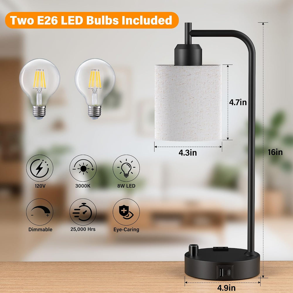 SIBRILLE Industrial Table Lamps with Linen Shade, Set of 2 Fully Dimmable Bed...