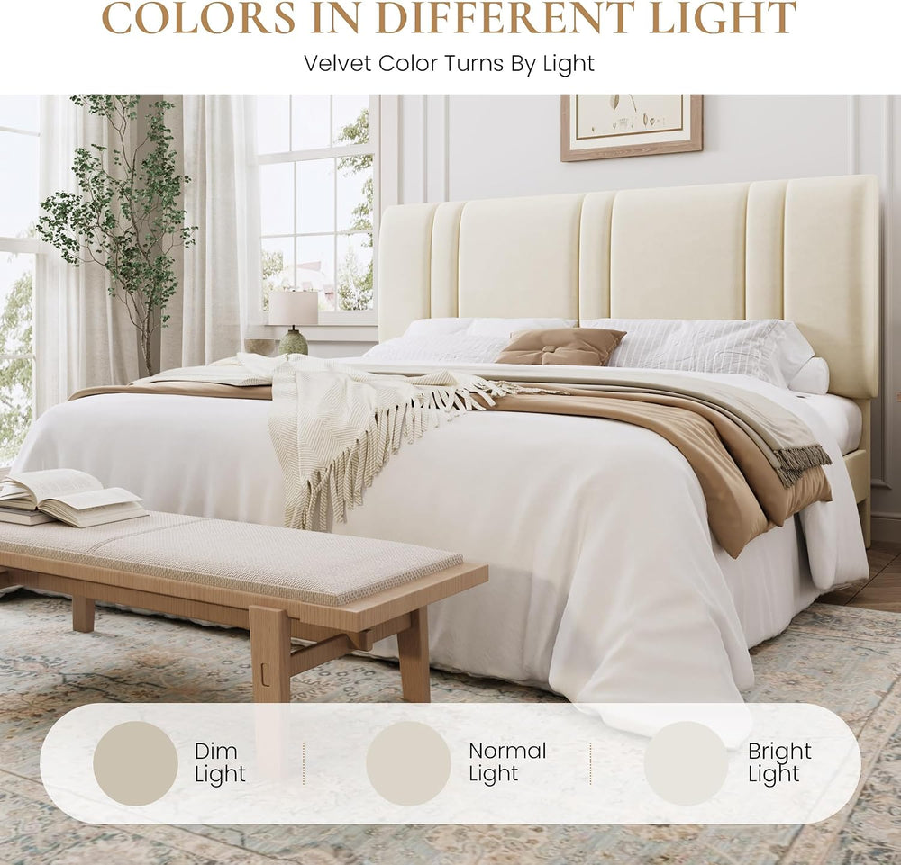 SHA CERLIN King Size Velvet Bed Frame with Adjustable Headboard, Cream