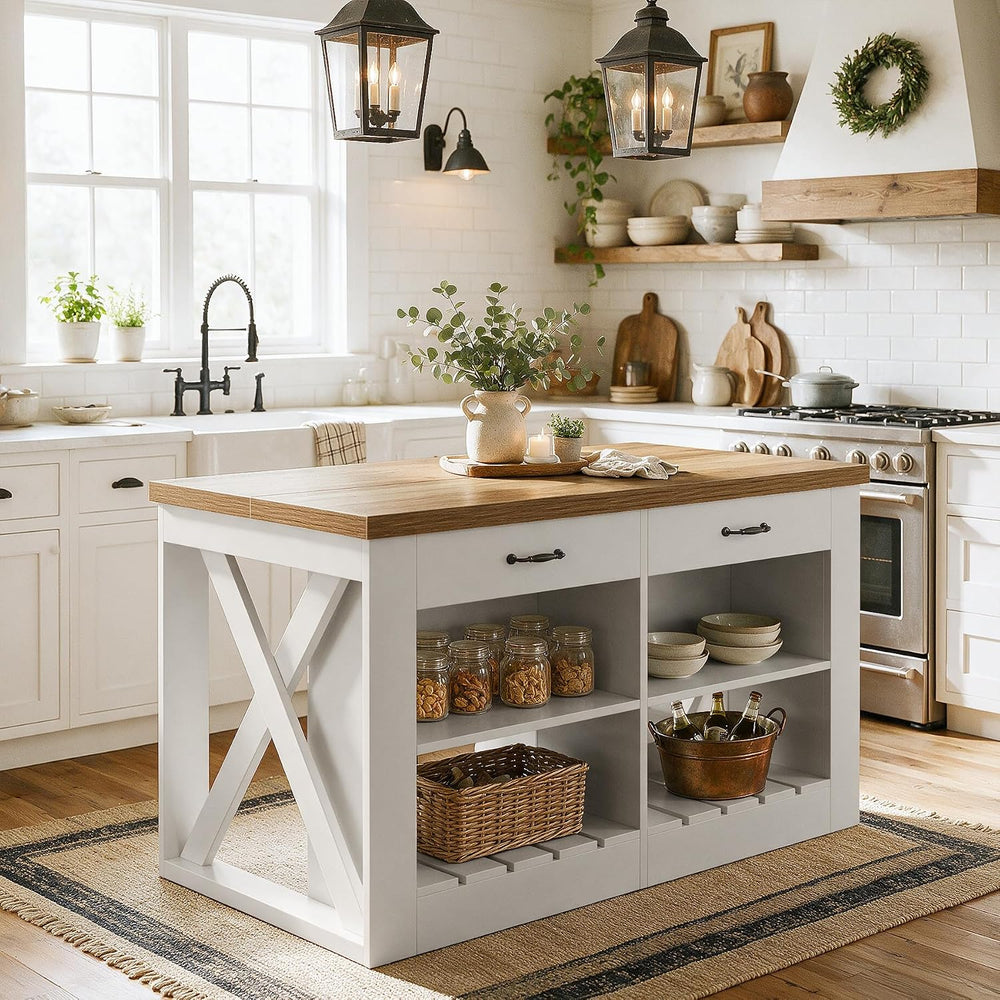 Tribesigns 55" Farmhouse Kitchen Island with 2 Storage Drawers and Shelf