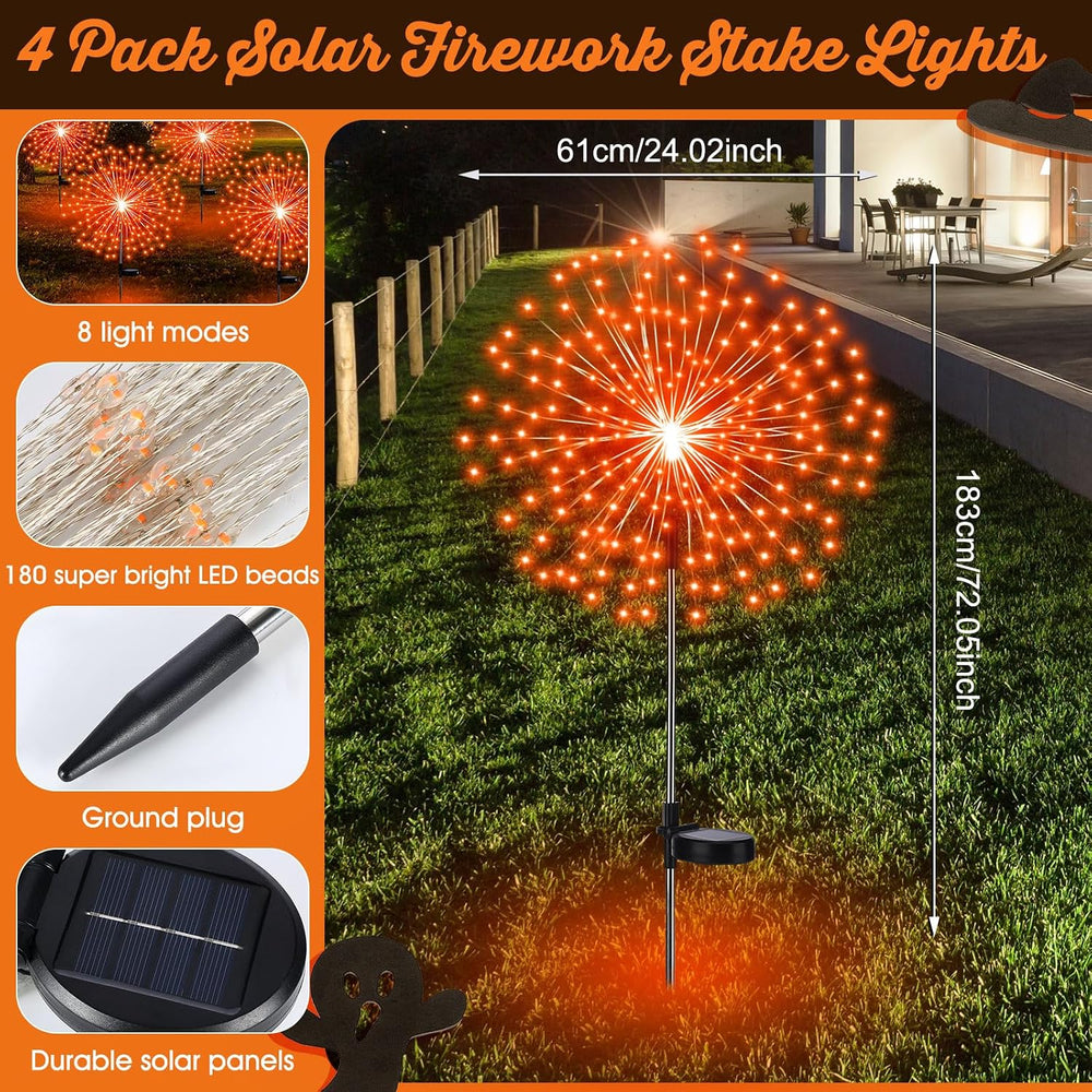 Tujoe 4 Pack Halloween Solar Decoration Outdoor Firework Lights, Orange