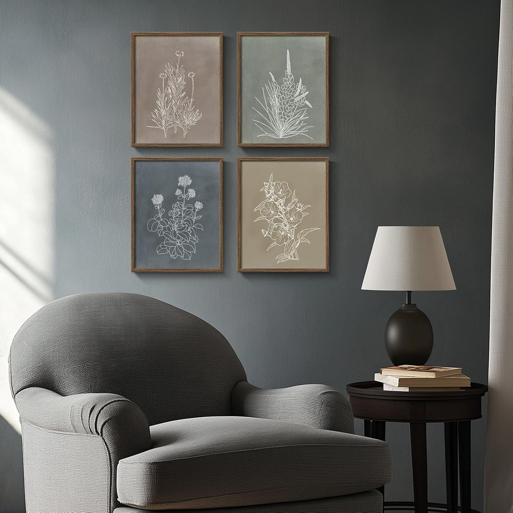Framed Boho Neutral Botanical Floral Wall Art for Bathroom, 4 Piece 8x10 In