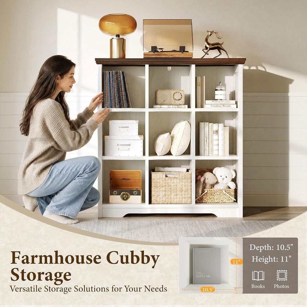 OffiGo 9 Cube Organizer Bookcase, Cube Shelf with Storage, Walnut + White