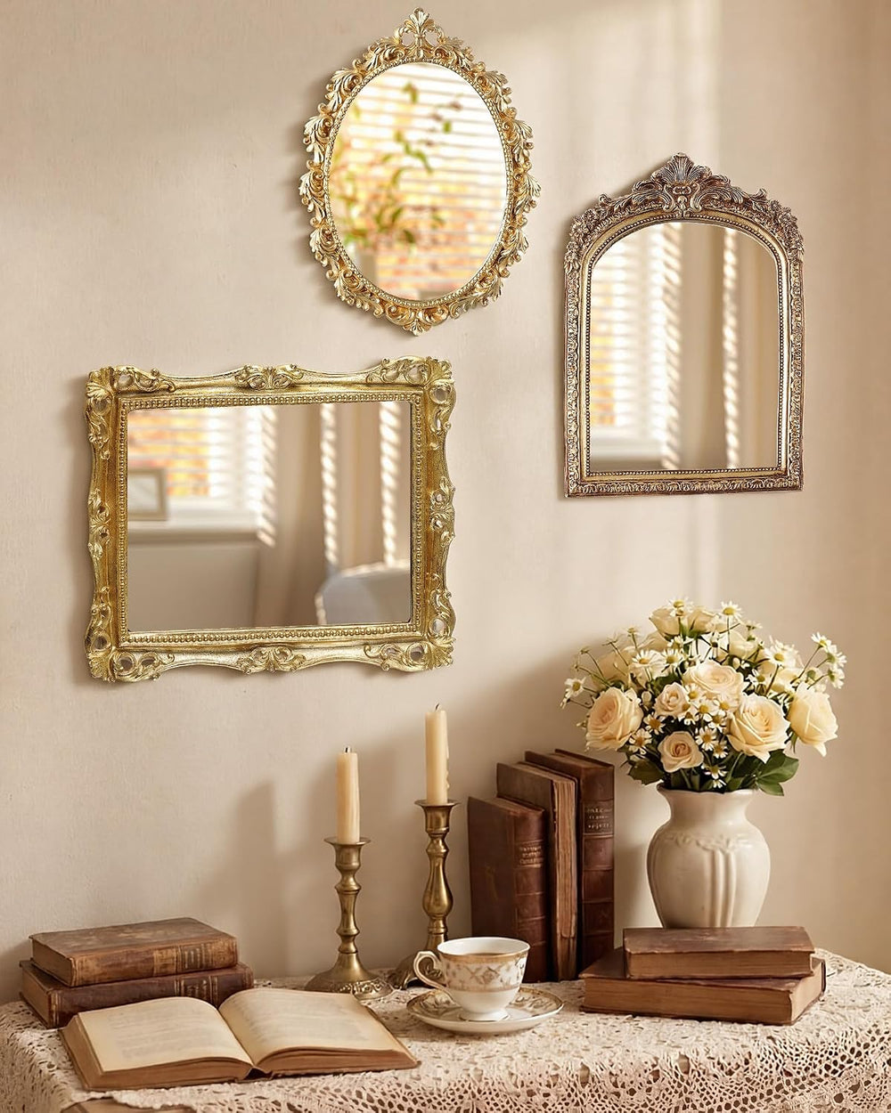 Wonderjune 3 Pcs Vintage Gold Wall Mirror Set, Retro Mixed Style