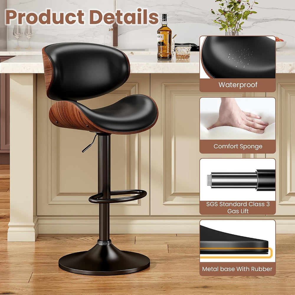 YaFiti Adjustable Swivel Bar Stool, PU Leather with Back, Black