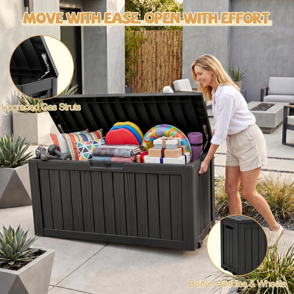 EFU Outdoor Storage Box, 150 Gal Gen 2 Resin Deck Box w/Gas Struts & Wheels