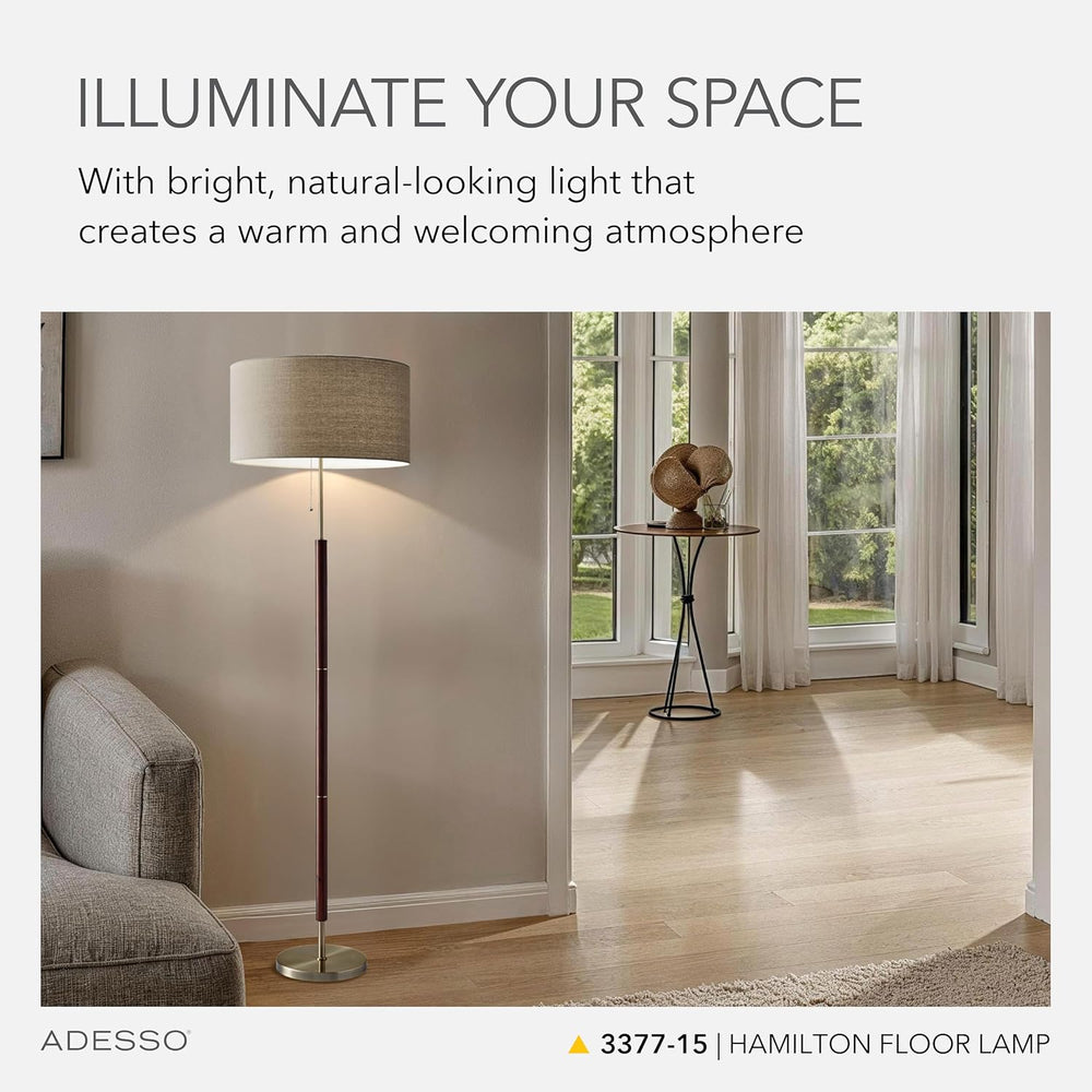 Adesso Floor Lamp, Natural Oak & Off-White Fabric, 3-Way, 65.5”