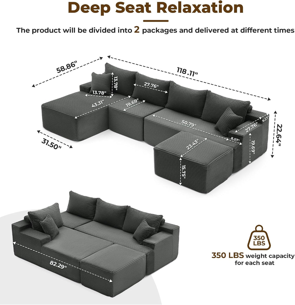 Mangodan 118'' Boneless Couch, U Shaped Couches for Living Room, Gray
