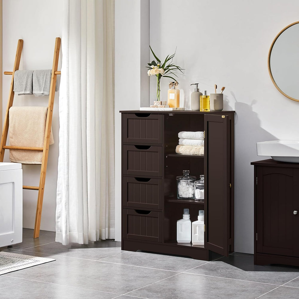 Yaheetech Bathroom Storage Cabinet with 4 Drawers and Door, Espresso