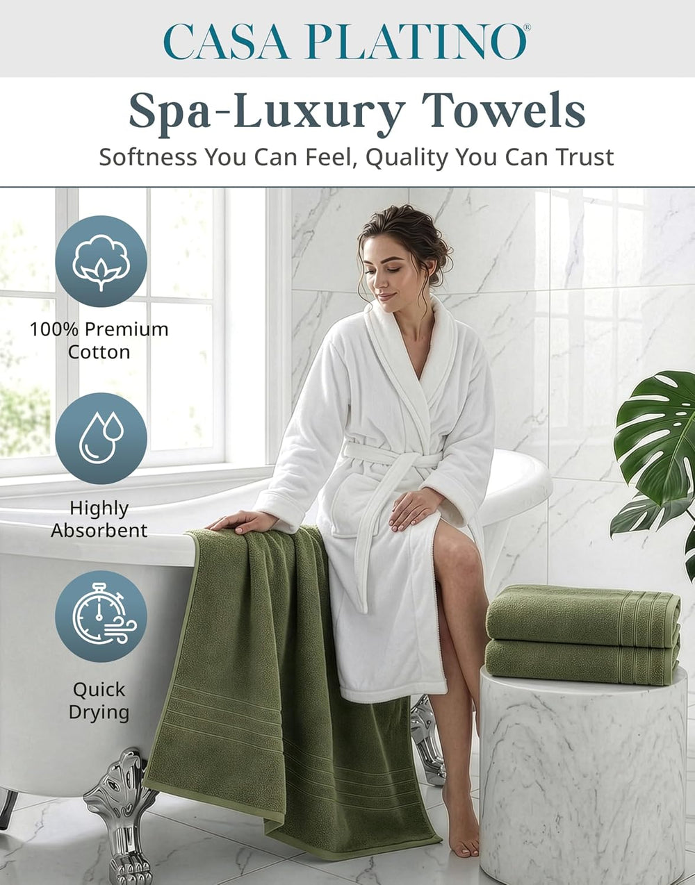 Casa Platino Large Bath Sheets 100% Cotton 4 Pack Quick Dry - Oil Green