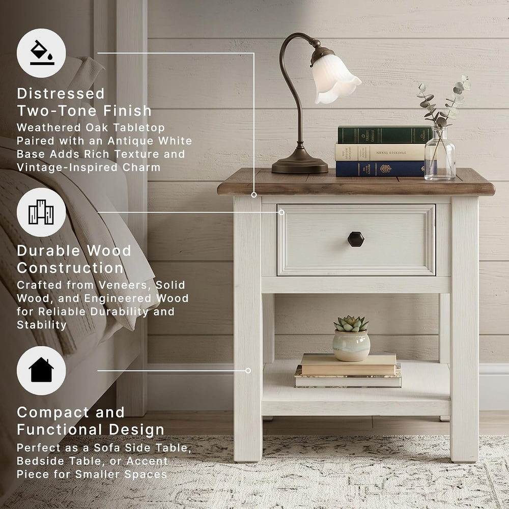 Signature Design by Ashley Farmhouse End Table with Drawer, Antique White