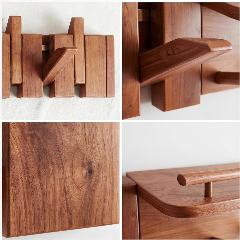 Mid Century Modern Wood Coat Rack Wall Mount with Shelf, 9 Hooks, Walnut