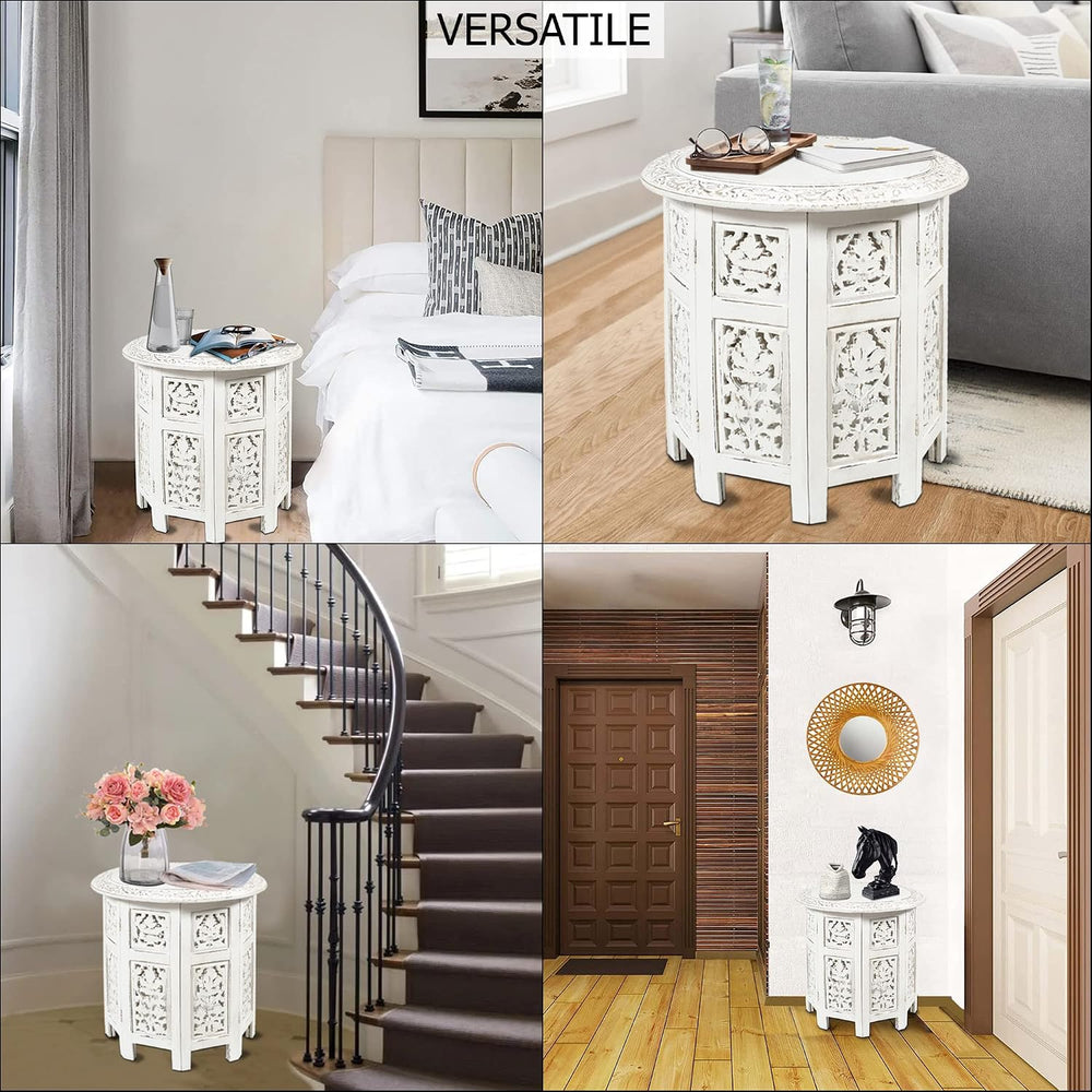 COTTON CRAFT Solid Wood End Table - Hand Carved Folding Accent Side Table