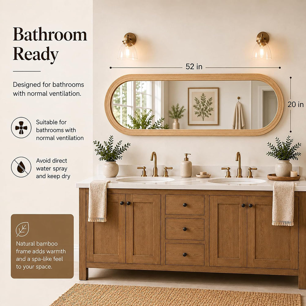 20" x 52" Long Oval Full Length Wall Mirror, Bamboo Strip Frame