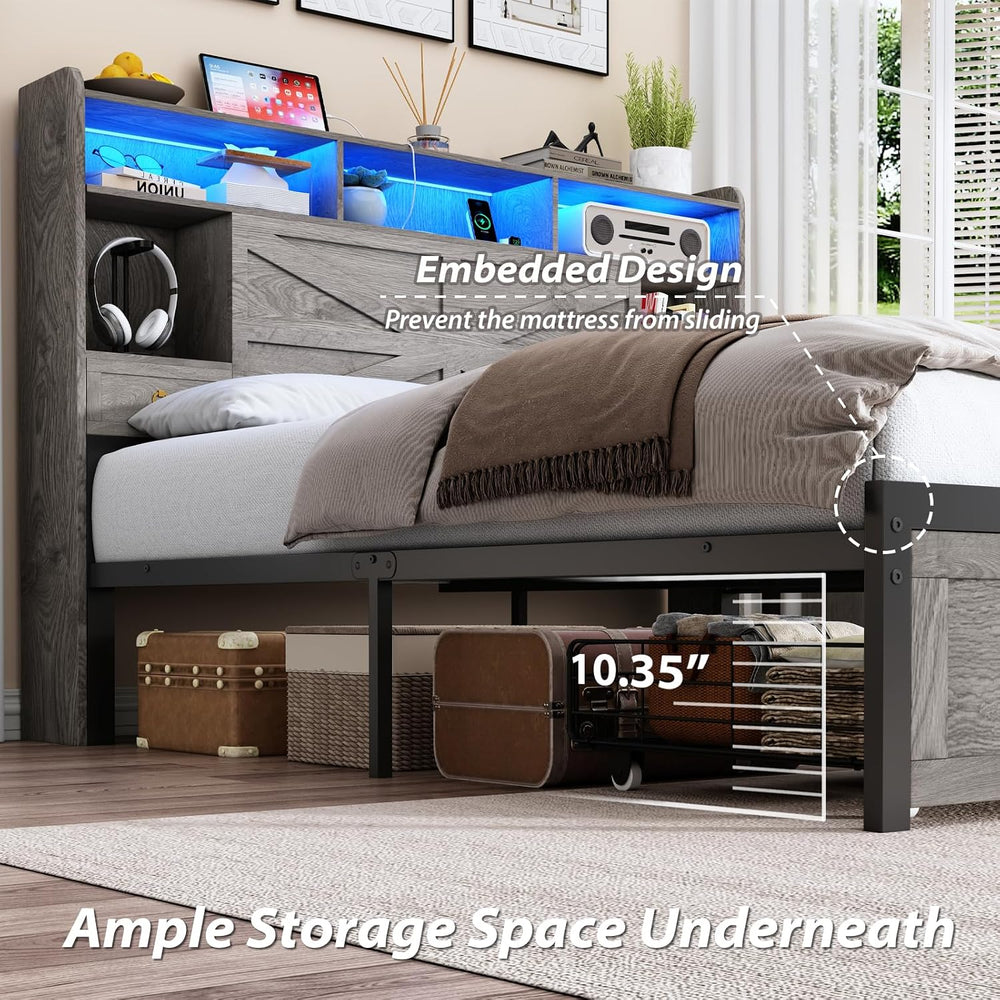 TIGUBFRE Full Bed Frame with Storage Headboard, Farmhouse Wood Bed Frame Full...