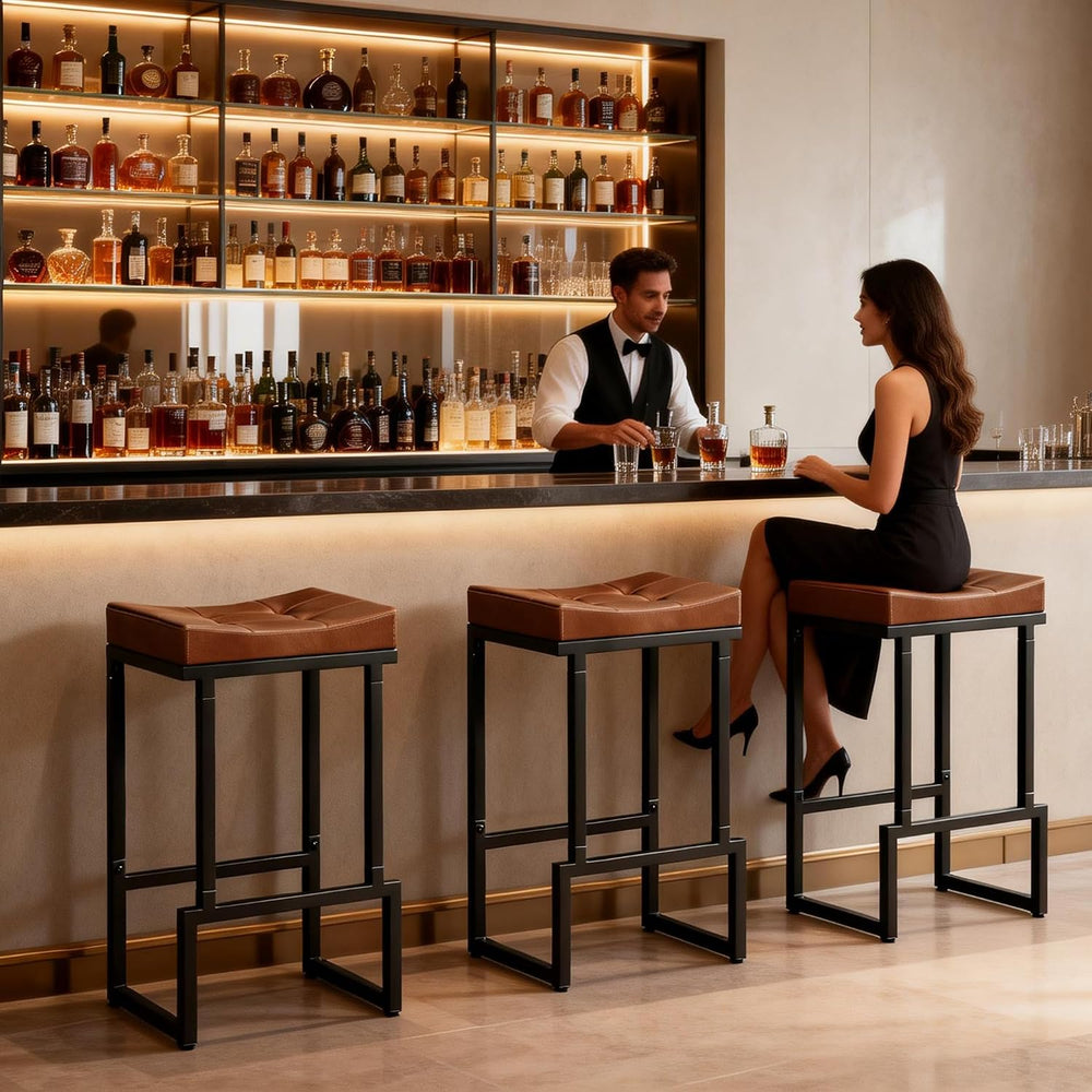 FIRAVOE 28" Bar Stools Set of 3, PU Leather Backless Saddle Bar Stools