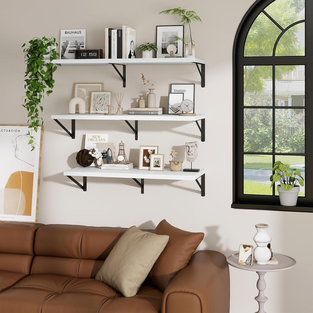 12" Deep Wall Shelves with Metal Brackets, 48" Wide, White Finish, ...