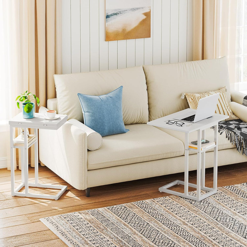 HOOBRO Foldable C Shaped End Table, C Shaped Side Table with Storage Shelf