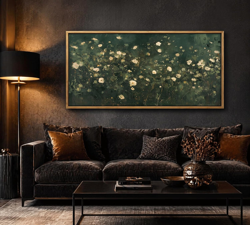 KIRFOLUC Large Abstract Floral Wall Art Dark Green White Botanical Wildflower...