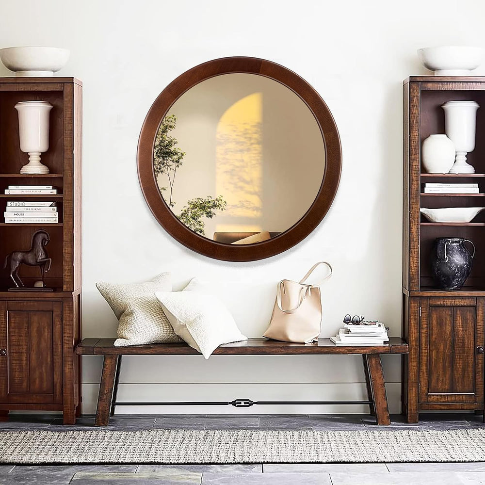CULER Round Wood Mirror 24 Inch,Circle Mirror with Walnut Frame for Wall