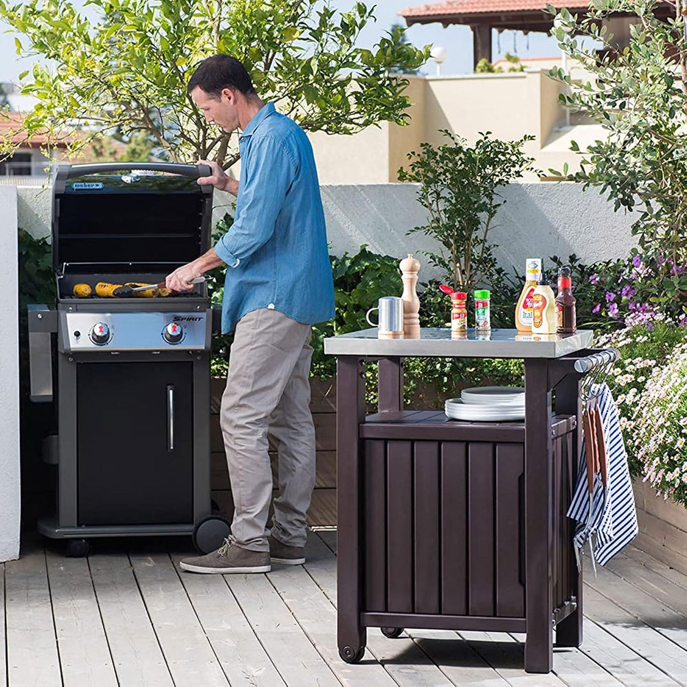 Keter Unity Outdoor Grill Prep Table & Serving Cart, 40 Gal, Brown