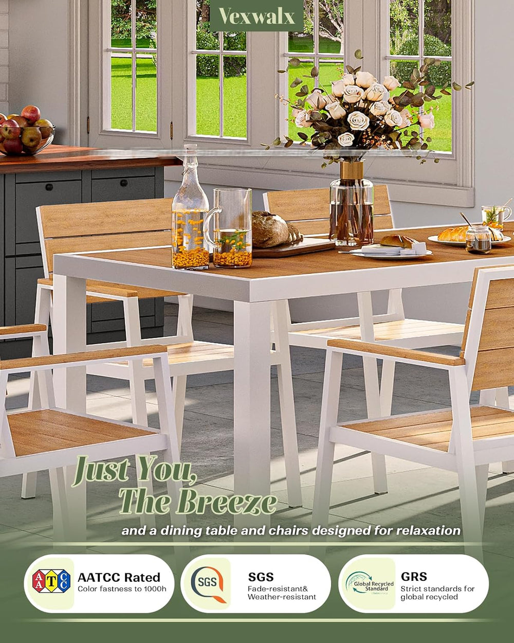 Vexwalx 12 Pcs Outdoor Dining Set, 67" HDPS Dining Set for 10, White-Teak