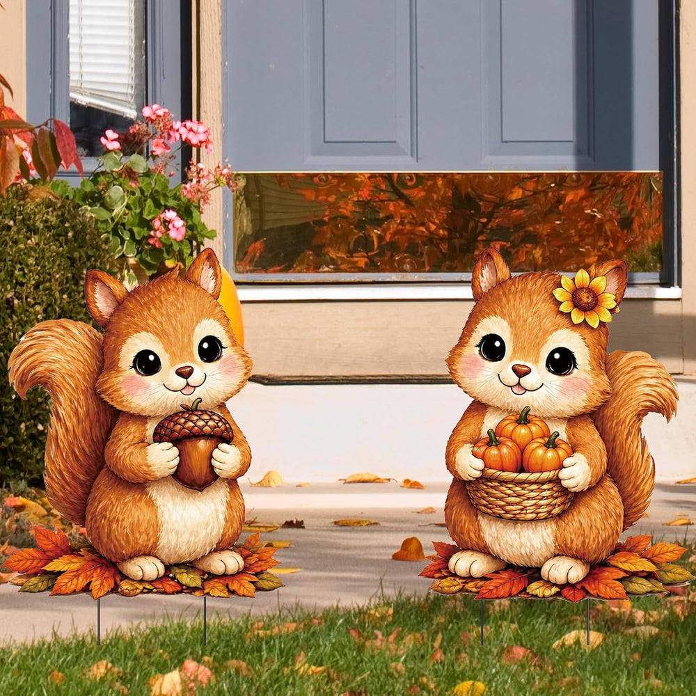 2 Pack Fall Cute Squirrel Garden Stakes Acorn Pumpkin Metal Yard Sign