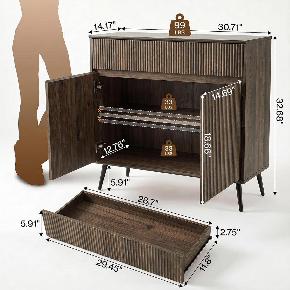 31" Small Fluted Sideboard Buffet Cabinet, Walnut.