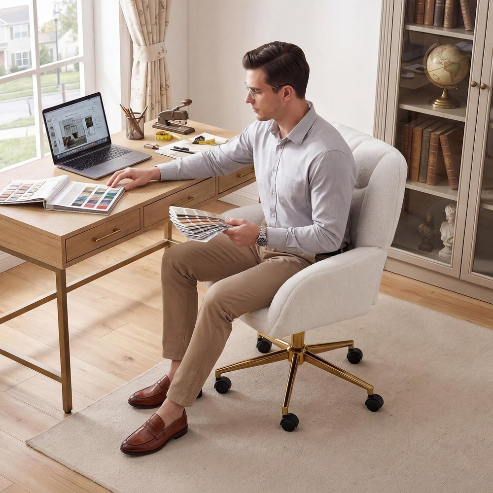 FOXHUNTER Vanity Chair with Wheels 360°Swivel Office Chair Teddy, White