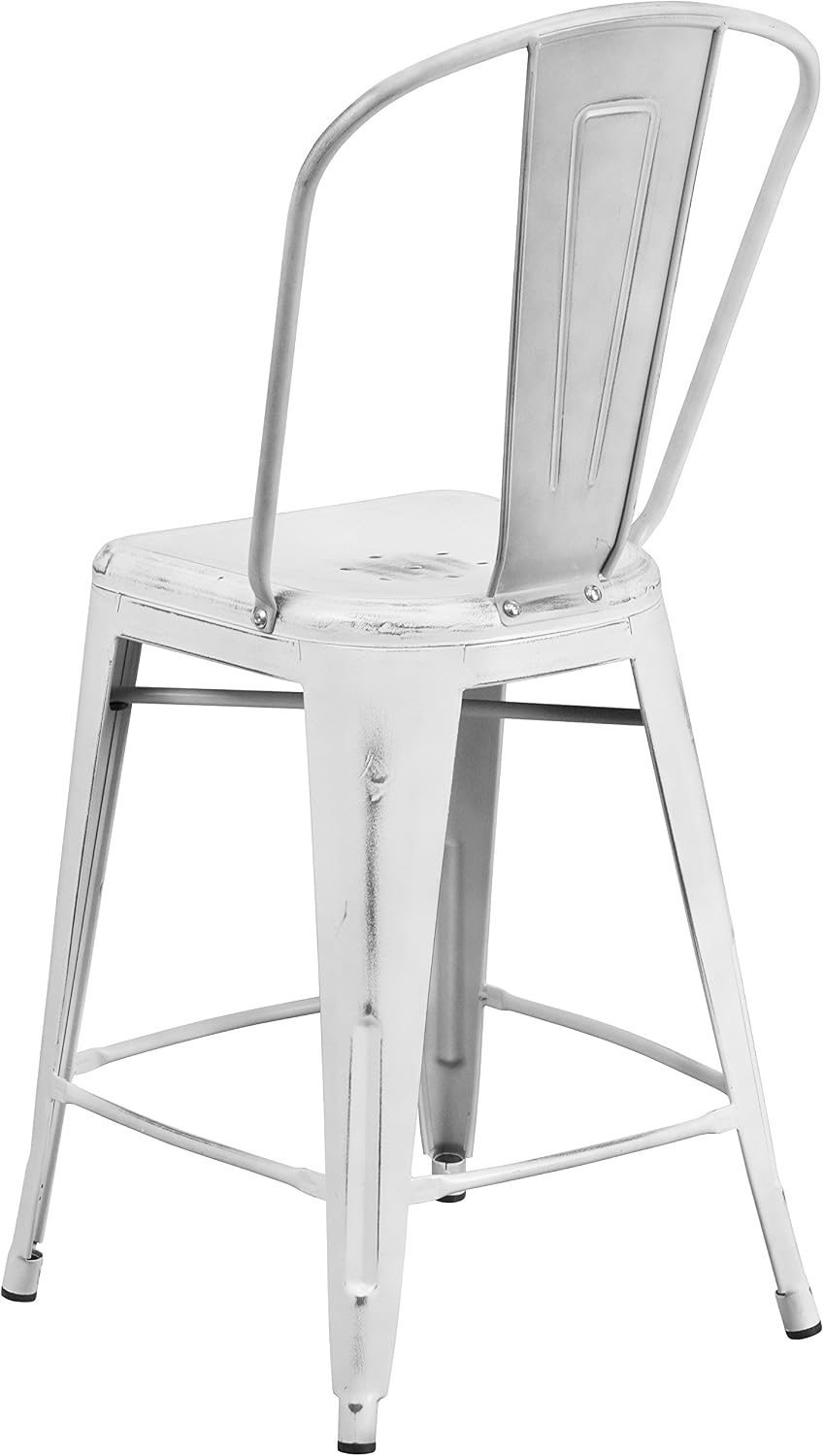 EMMA + OLIVER 24" Distressed White Metal Indoor/Outdoor Counter Stool