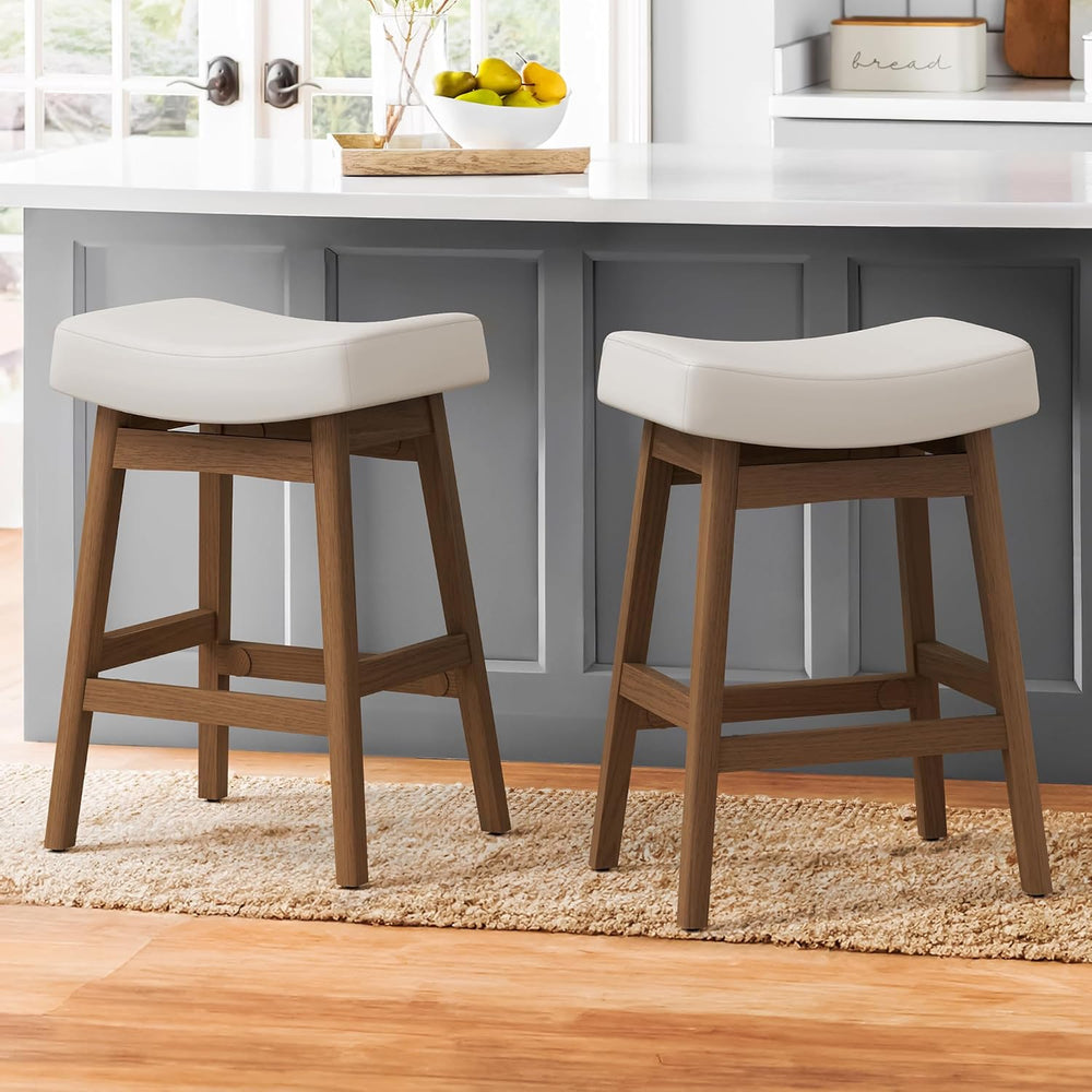Cozyman Bar Stools Set of 2, Barstools with Sturdy Wood Legs, Saddle Seat Cou...